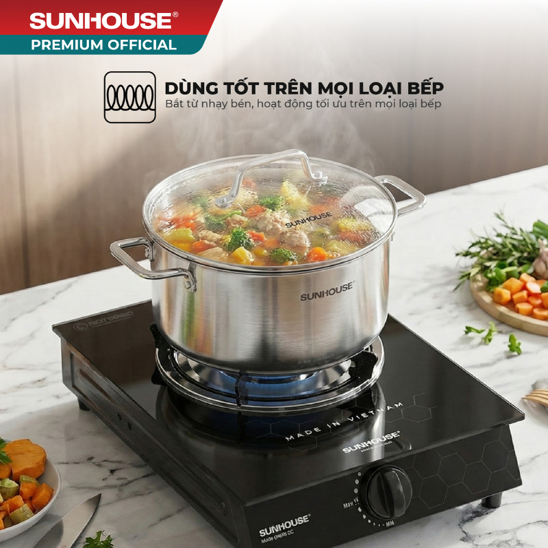 Bộ nồi Inox 304 liền đáy Sunhouse Healthy SHG703 - Inox đa lớp - Truyền nhiệt nhanh