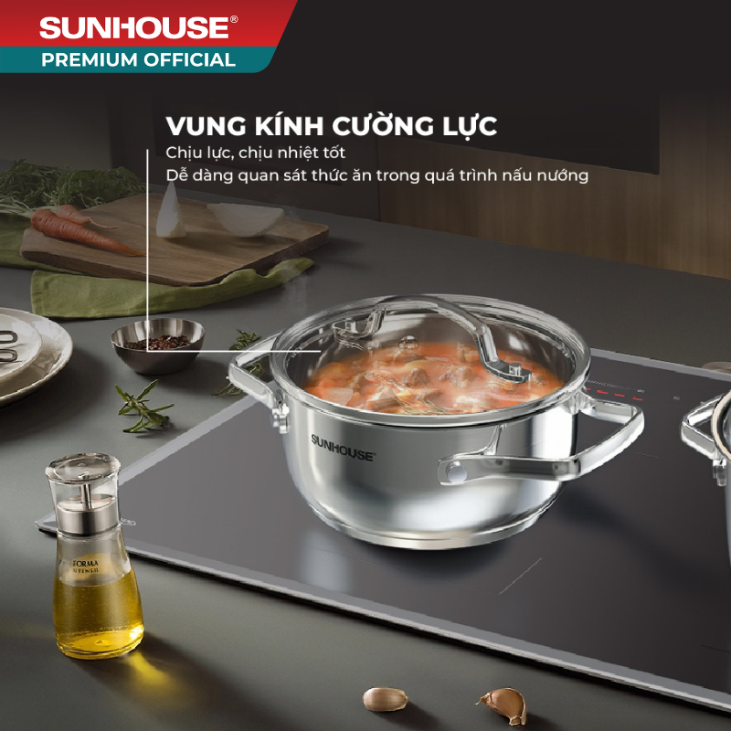 Bộ nồi Inox 304 Sunhouse Healthy SHG605 - Gồm 3 nồi size 16,20,24cm -Đáy từ 3 lớp - Inox 304