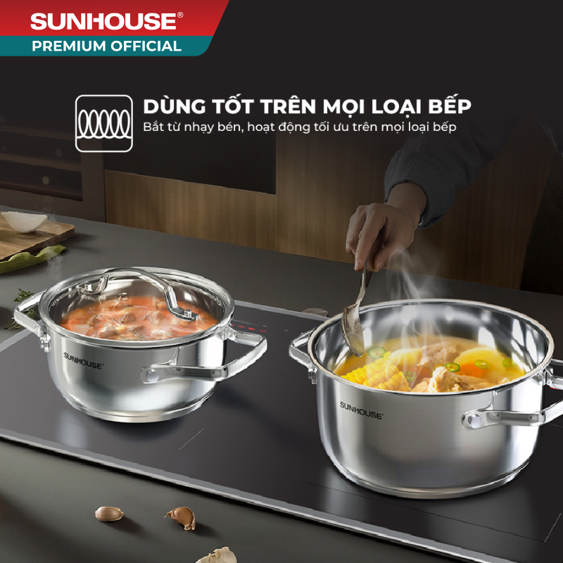 Bộ nồi Inox 304 Sunhouse Healthy SHG605 - Gồm 3 nồi size 16,20,24cm -Đáy từ 3 lớp - Inox 304