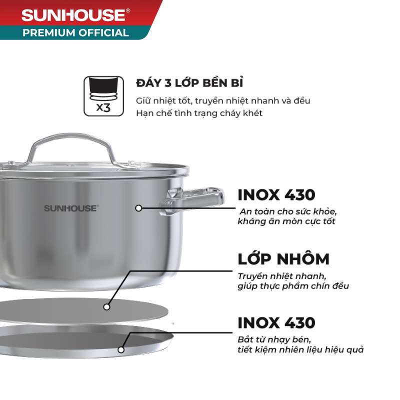 Bộ nồi Inox 304 Sunhouse Healthy SHG605 - Gồm 3 nồi size 16,20,24cm -Đáy từ 3 lớp - Inox 304