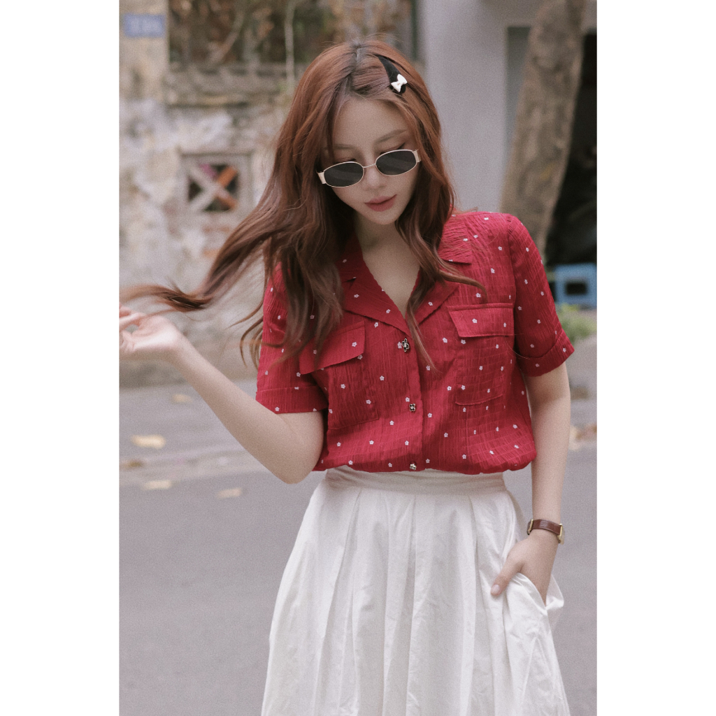 Áo Sơ Mi Nữ Dáng Vest Cổ V Màu Đỏ Hoa Nhí HAAN Design SM2638