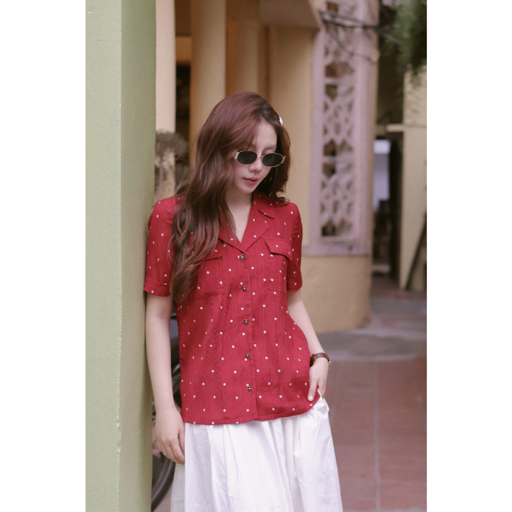 Áo Sơ Mi Nữ Dáng Vest Cổ V Màu Đỏ Hoa Nhí HAAN Design SM2638