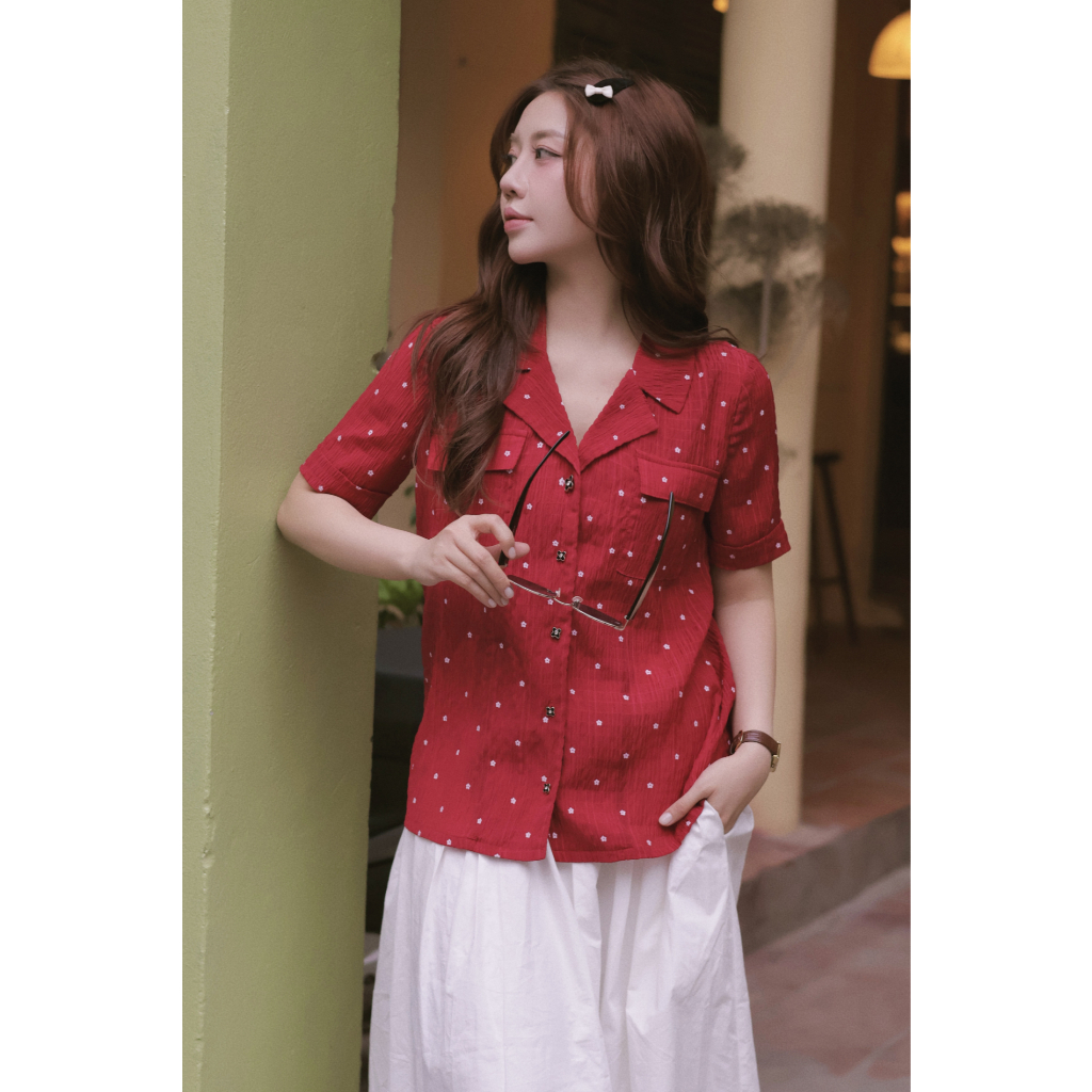 Áo Sơ Mi Nữ Dáng Vest Cổ V Màu Đỏ Hoa Nhí HAAN Design SM2638