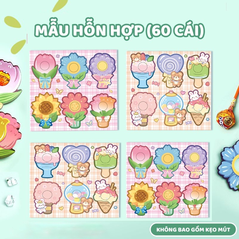 Thẻ cài kẹo mút dễ thương set 60 thẻ hoạt hình trang trí sinh nhật bé gái, phụ kiện tiệc ngọt handmade