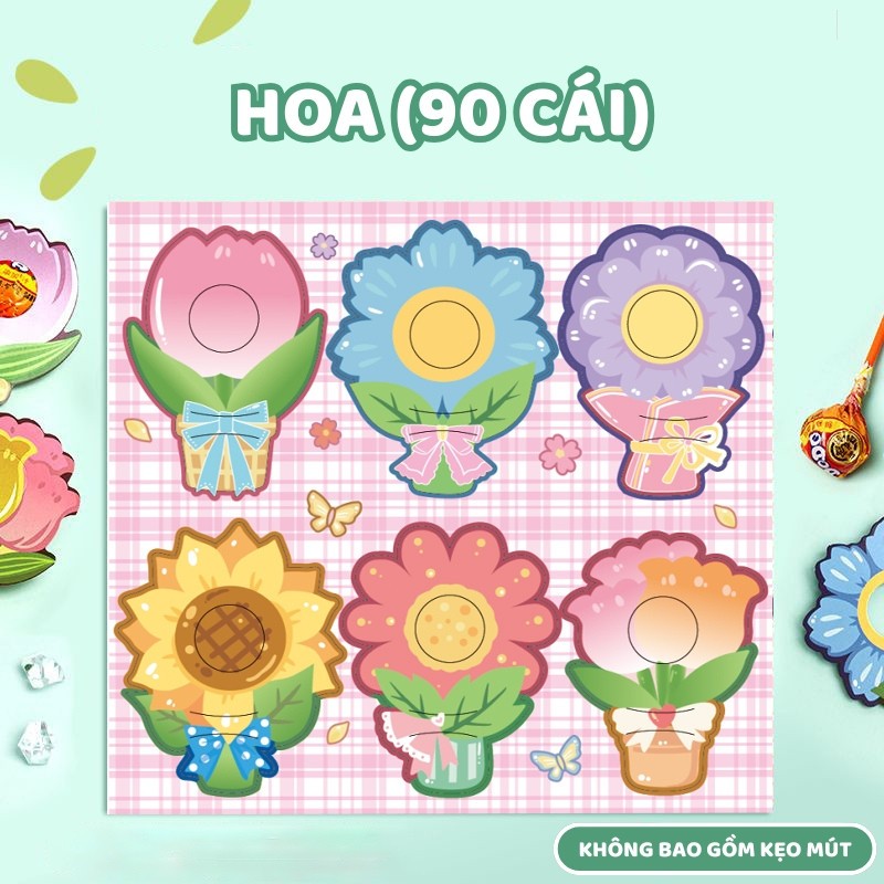 Thẻ cài kẹo mút dễ thương set 60 thẻ hoạt hình trang trí sinh nhật bé gái, phụ kiện tiệc ngọt handmade