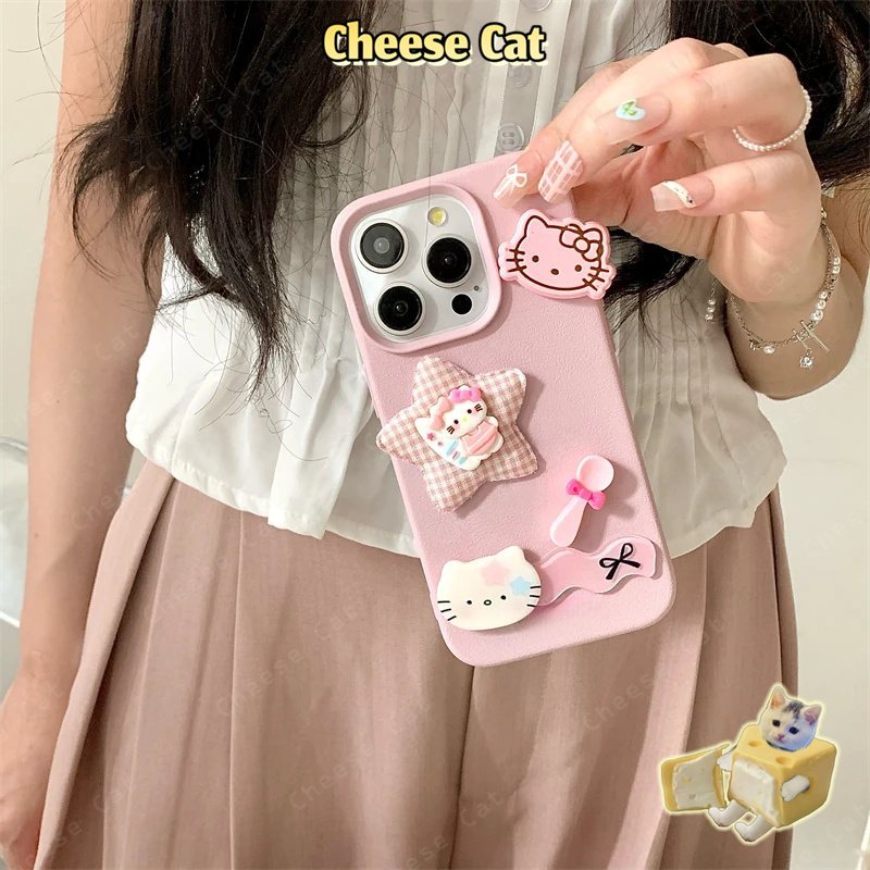 Ngôi sao màu hồng 3D phong cách cô gái ngọt ngào KITTY Ốp điện thoại cho iPhone 13 14 15 11 12 16 17 Pro Max XR Xs Max