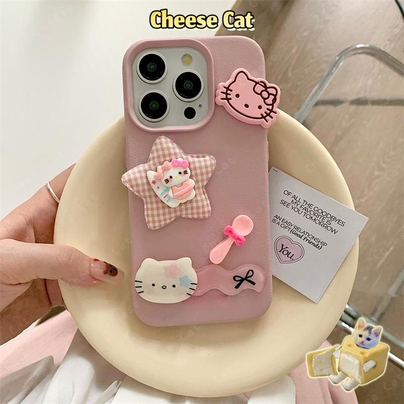 Ngôi sao màu hồng 3D phong cách cô gái ngọt ngào KITTY Ốp điện thoại cho iPhone 13 14 15 11 12 16 17 Pro Max XR Xs Max