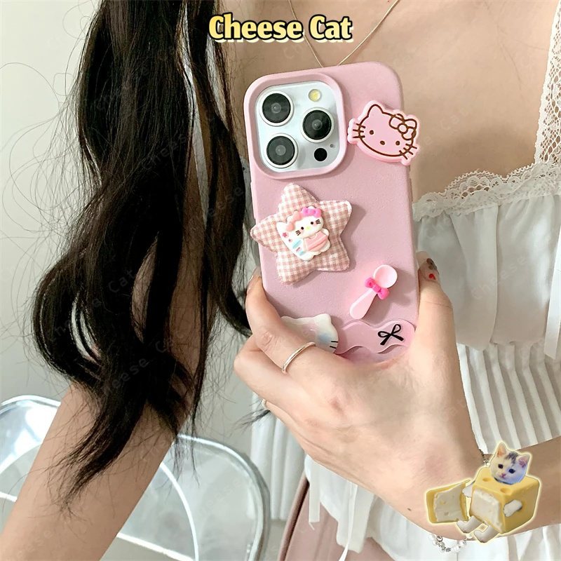 Ngôi sao màu hồng 3D phong cách cô gái ngọt ngào KITTY Ốp điện thoại cho iPhone 13 14 15 11 12 16 17 Pro Max XR Xs Max