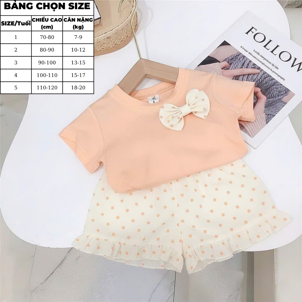 7-20kg.Bộ quần áo xinh cho bé gái đính nơ quần chấm bi,chất vải cotton mềm mịn thấm hút mồ hôi.M72