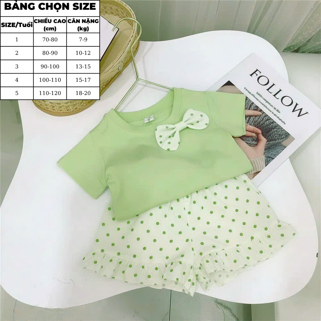 7-20kg.Bộ quần áo xinh cho bé gái đính nơ quần chấm bi,chất vải cotton mềm mịn thấm hút mồ hôi.M72