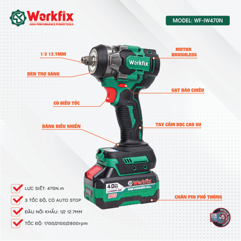 Qùa Tặng Thước Dây- Máy Siết Bulong 470N Workfix WF-IW470N  Đầu 2in1 Đa Năng, Không Chổi Than, Chân Pin Phổ Thông