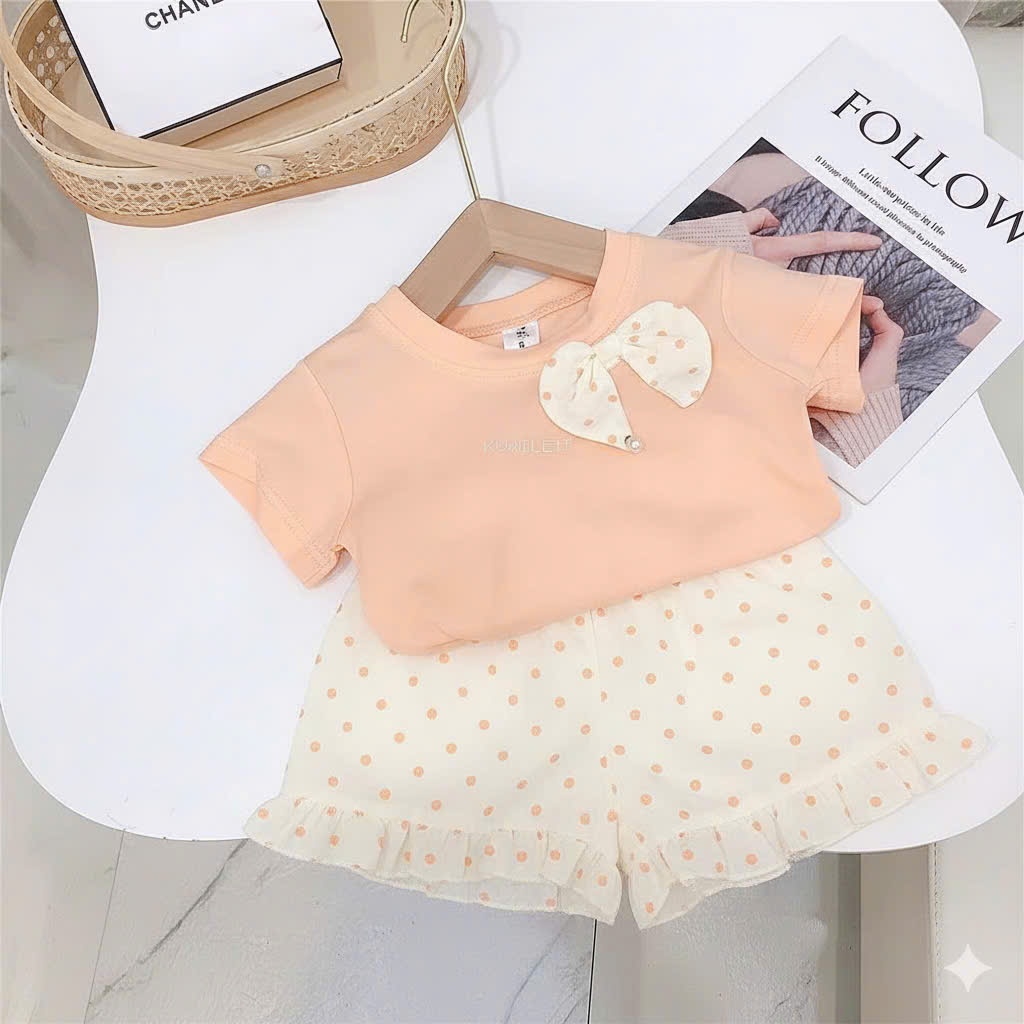 7-20kg.Bộ quần áo xinh cho bé gái đính nơ quần chấm bi,chất vải cotton mềm mịn thấm hút mồ hôi.M72