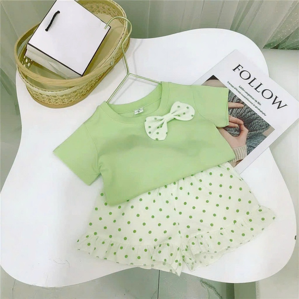 7-20kg.Bộ quần áo xinh cho bé gái đính nơ quần chấm bi,chất vải cotton mềm mịn thấm hút mồ hôi.M72