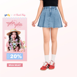 Chân váy nữ YODY chân váy jean, xếp ly, lưng cao có lớp lót trong CJN6008