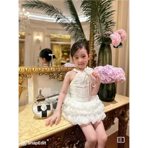 Đầm voan bé gái cổ yếm phối hoa vai dáng xòe tầng bồng bềnh tiểu thư sang chảnh cho mẹ và bé