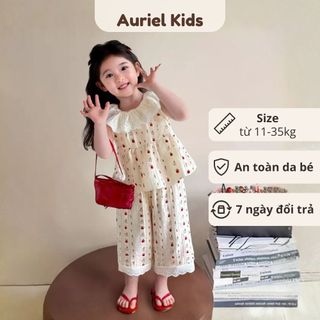 Đồ Bộ Bé Gái, Sét Bộ Bé Gái Thiết Kế Áo Cổ Bèo Kèm Quần Ống Suông Họa Tiết Cherry Chất Liệu Cotton