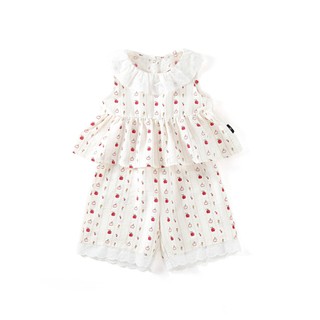 Đồ Bộ Bé Gái, Sét Bộ Bé Gái Thiết Kế Áo Cổ Bèo Kèm Quần Ống Suông Họa Tiết Cherry Chất Liệu Cotton