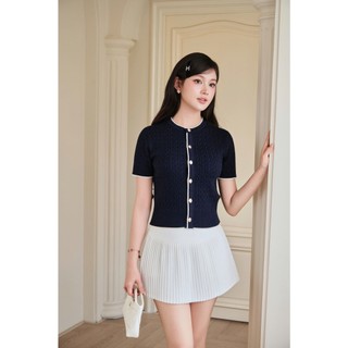 DELIZ - Áo len nữ cộc tay cổ tròn dáng cài cúc mặc mùa hè dệt kiểu vặn thừng ALC603