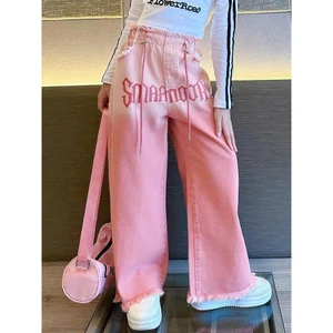 Quần jeans bé gái ống rộng cá tính quần baggy lưng chun dây rút phong cách Hàn Quốc, form rộng mẹ và bé