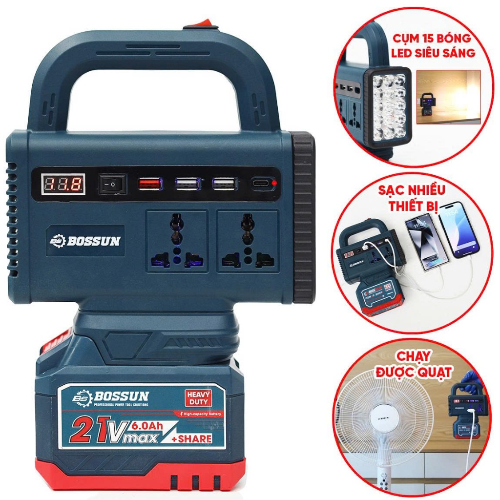 [Có đèn LED] Thân đế chuyển nguồn BS BOSSUN BS-CD220L, Chuyển 21v-220v, Dùng pin chân phổ thông