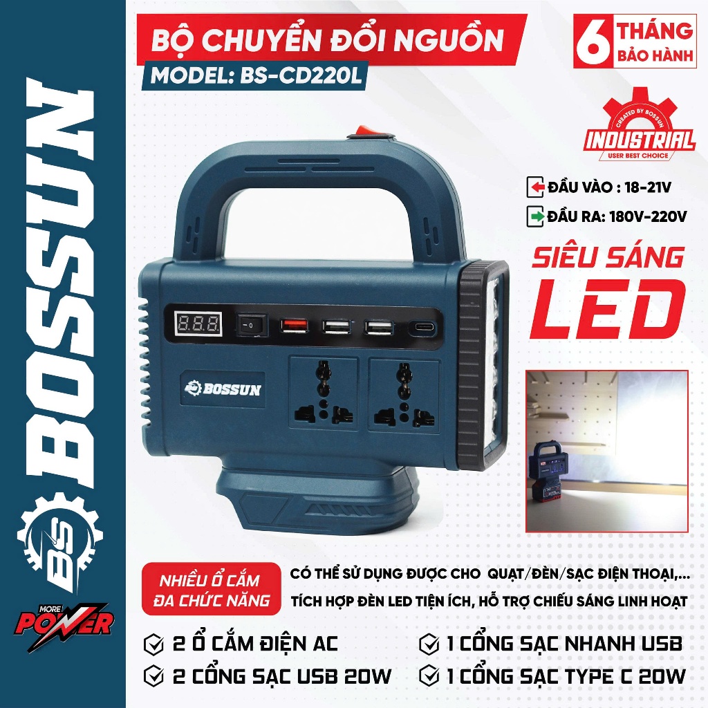 [Có đèn LED] Thân đế chuyển nguồn BS BOSSUN BS-CD220L, Chuyển 21v-220v, Dùng pin chân phổ thông