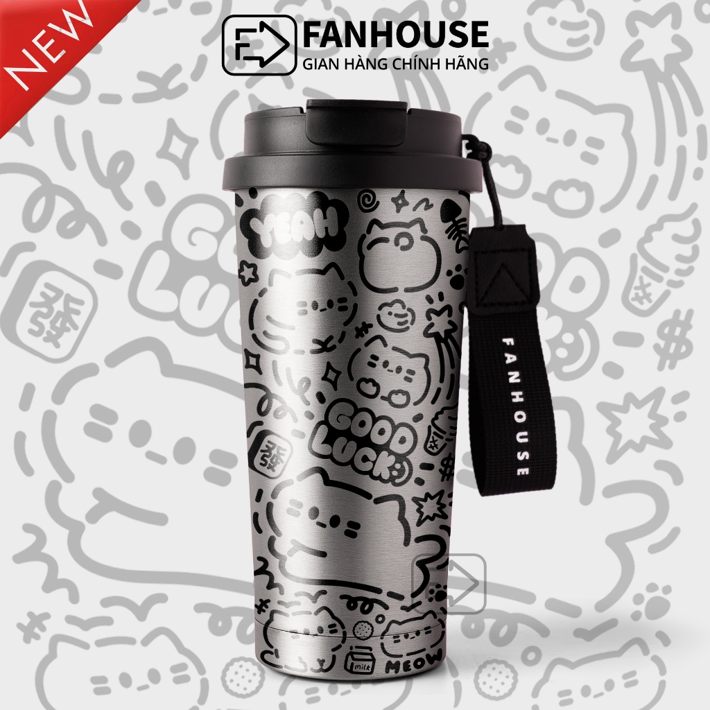 Bình giữ nhiệt Latte Cup inox 316 phủ sứ, ly giữ nhiệt Fan House 530ml có 2 kiểu uống, quai xách | BigBuy360 - bigbuy360.vn