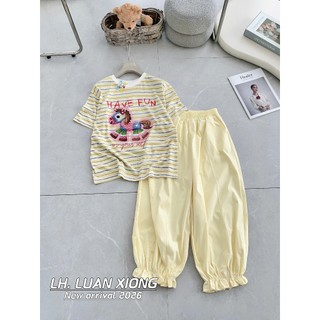Set Bộ Đồ Nữ Áo Thun Giấy Kẻ Ngang In NGựa HAVE FUN Ngắn Tay Mix Quần Ống Rộng Dáng Boom Bo Bèo Gấu