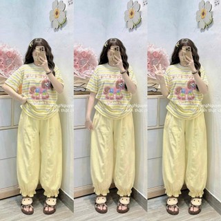 Set Bộ Đồ Nữ Áo Thun Giấy Kẻ Ngang In NGựa HAVE FUN Ngắn Tay Mix Quần Ống Rộng Dáng Boom Bo Bèo Gấu