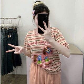 Set Bộ Đồ Nữ Áo Thun Giấy Kẻ Ngang In NGựa HAVE FUN Ngắn Tay Mix Quần Ống Rộng Dáng Boom Bo Bèo Gấu