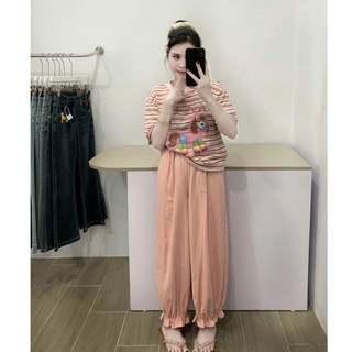 Set Bộ Đồ Nữ Áo Thun Giấy Kẻ Ngang In NGựa HAVE FUN Ngắn Tay Mix Quần Ống Rộng Dáng Boom Bo Bèo Gấu