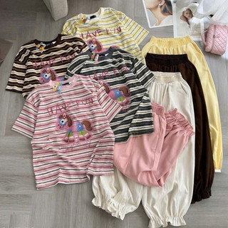 Set Bộ Đồ Nữ Áo Thun Giấy Kẻ Ngang In NGựa HAVE FUN Ngắn Tay Mix Quần Ống Rộng Dáng Boom Bo Bèo Gấu