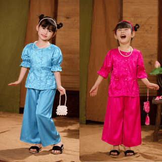 Bộ bà ba cho bé gái diện Tết Trung Thu, Đồ bà ba chất gấm lụa tay lỡ phối nơ BIATON, Set  bà ba cúc ngọc chơi lễ tết BB6