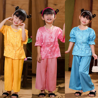 Bộ bà ba cho bé gái diện Tết Trung Thu, Đồ bà ba chất gấm lụa tay lỡ phối nơ BIATON, Set  bà ba cúc ngọc chơi lễ tết BB6