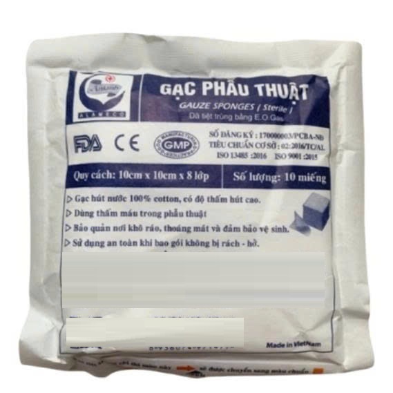 Gạc phẫu thuật tiệt trùng AL10cm x 10cm x 8 lớp.Gạc phẫu thuật An Lành sợi cotton hút nước, có độ thấm hút cao.