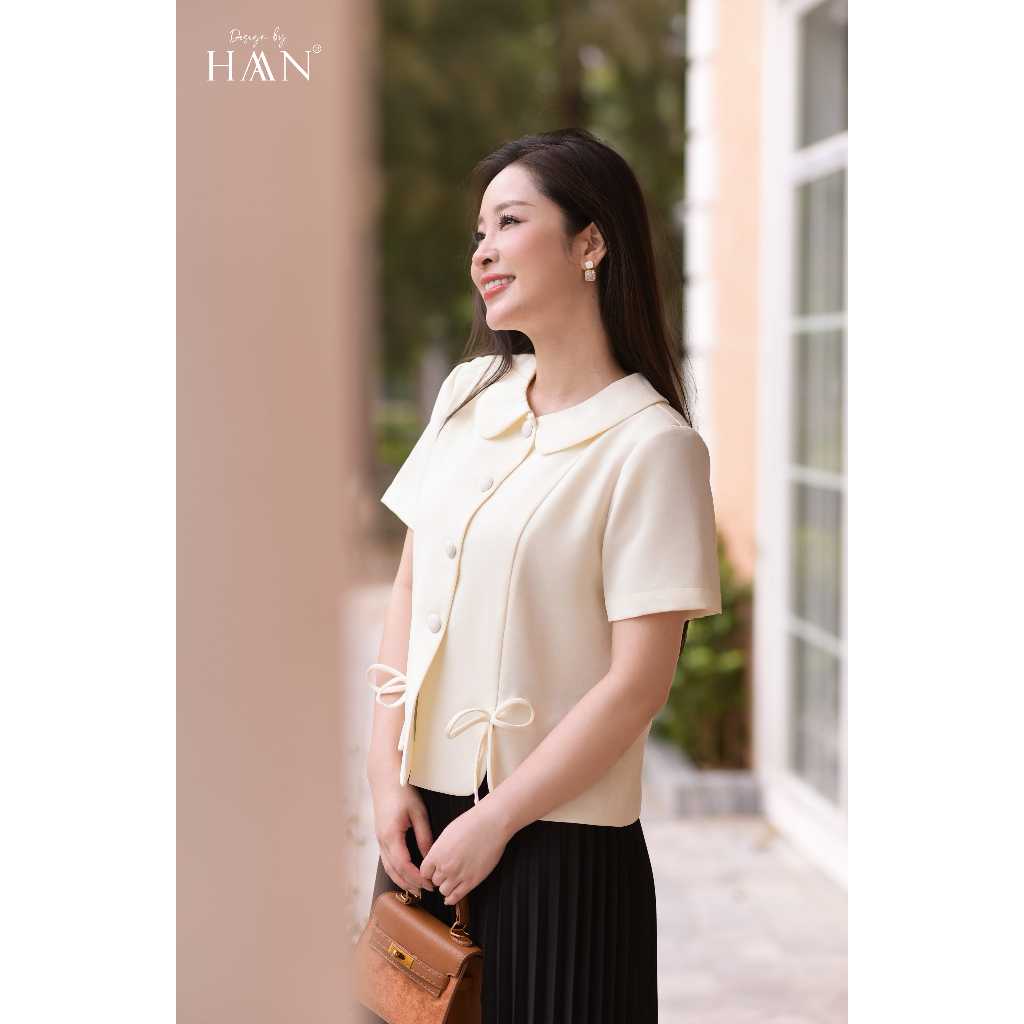 Áo Sơ Mi Nữ Cộc Tay Cổ Lá Cách Điệu Vạt Áo Đính Nơ Dáng Ngắn Chất Chéo Hàn Cao Cấp HAAN Design SM76