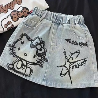 Set Kitty Hai Màu Nâu Trắng Dễ Thương Phối Váy Jean Mềm Phong Cách Hàn Quốc Cho Bé Gái