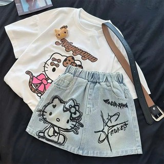 Set Kitty Hai Màu Nâu Trắng Dễ Thương Phối Váy Jean Mềm Phong Cách Hàn Quốc Cho Bé Gái