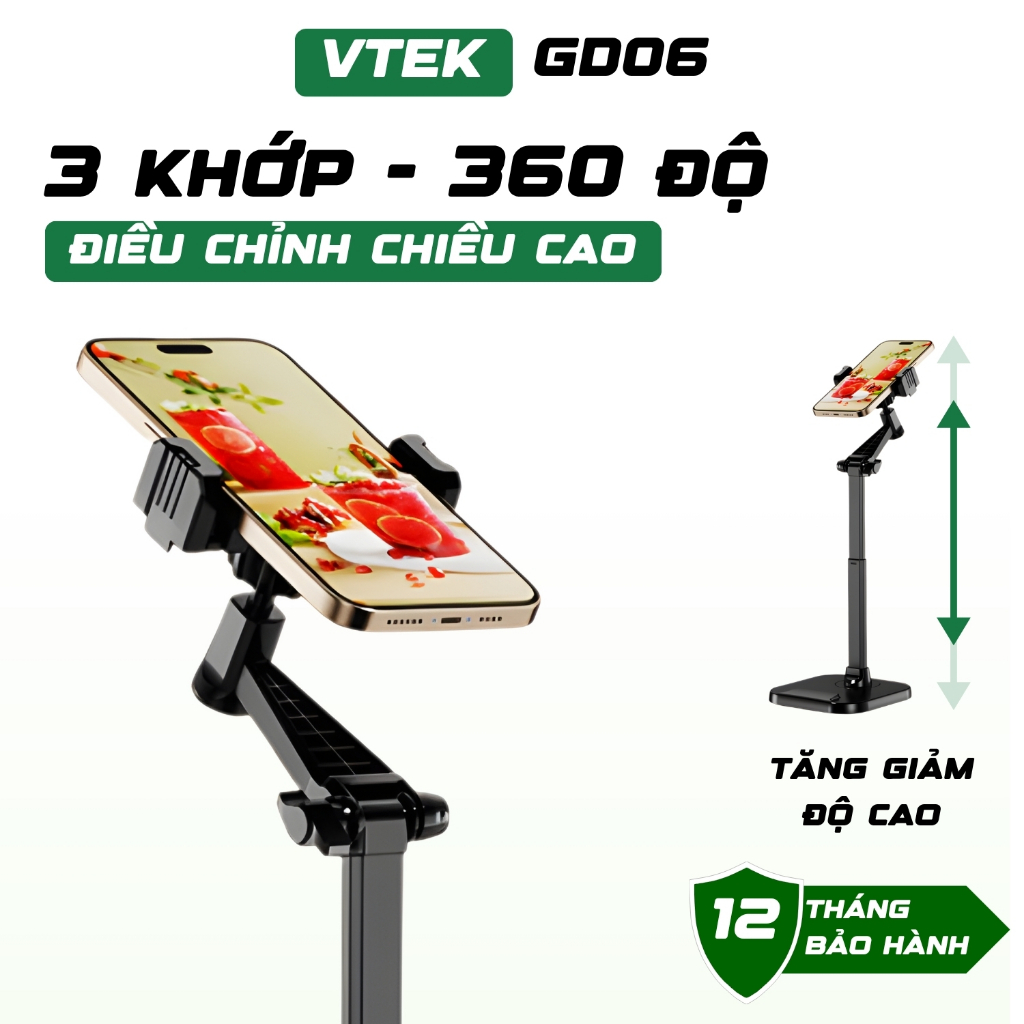 Giá Đỡ Điện Thoại Cao Cấp Xoay 360 VTEK GD06 Phù Hợp Mọi Nhu Cầu Kẹp Chắc Chắn Bền Đế Đúc Kim Loại Nguyên Khối