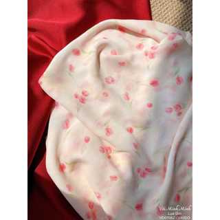 Vải lụa cành tulip hồng - VD07062