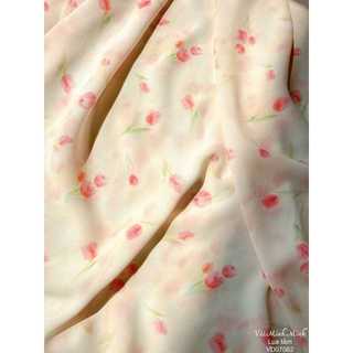 Vải lụa cành tulip hồng - VD07062