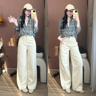 Quần jeans bò màu kem ống suông rộng phong cách Hàn Quốc 247store