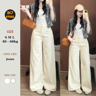 Quần jeans bò màu kem ống suông rộng phong cách Hàn Quốc 247store