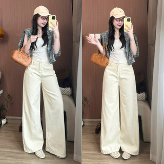 Quần jeans bò màu kem ống suông rộng phong cách Hàn Quốc 247store