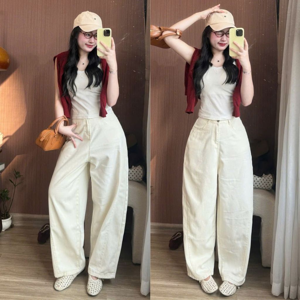 Quần jeans ống rộng màu kem Joolate ống cong rộng  hơi loe nhẹ phom dài phủ chân phong cách Hàn Quốc