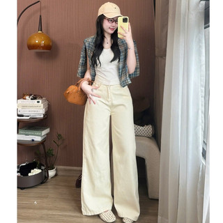Quần jeans bò màu kem ống suông rộng phong cách Hàn Quốc 247store