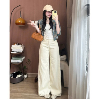Quần jeans bò màu kem ống suông rộng phong cách Hàn Quốc 247store