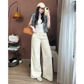 Quần jeans bò màu kem ống suông rộng phong cách Hàn Quốc 247store