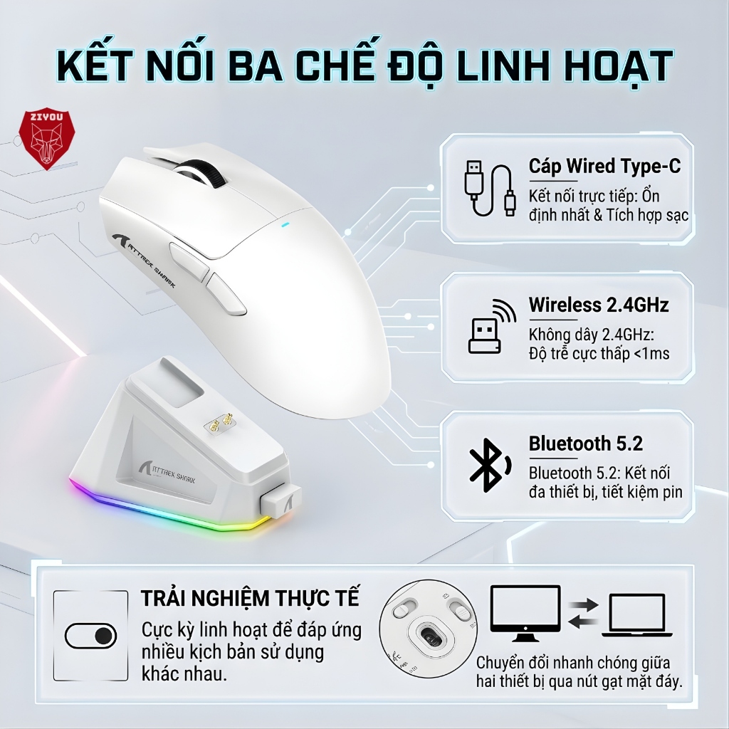 Chuột Không Dây Bluetooth Chuyên Gaming Ziyou Attack Shark X11 Chip Khủng PAW3311 Pollingrate 1Khz | BigBuy360 - bigbuy360.vn