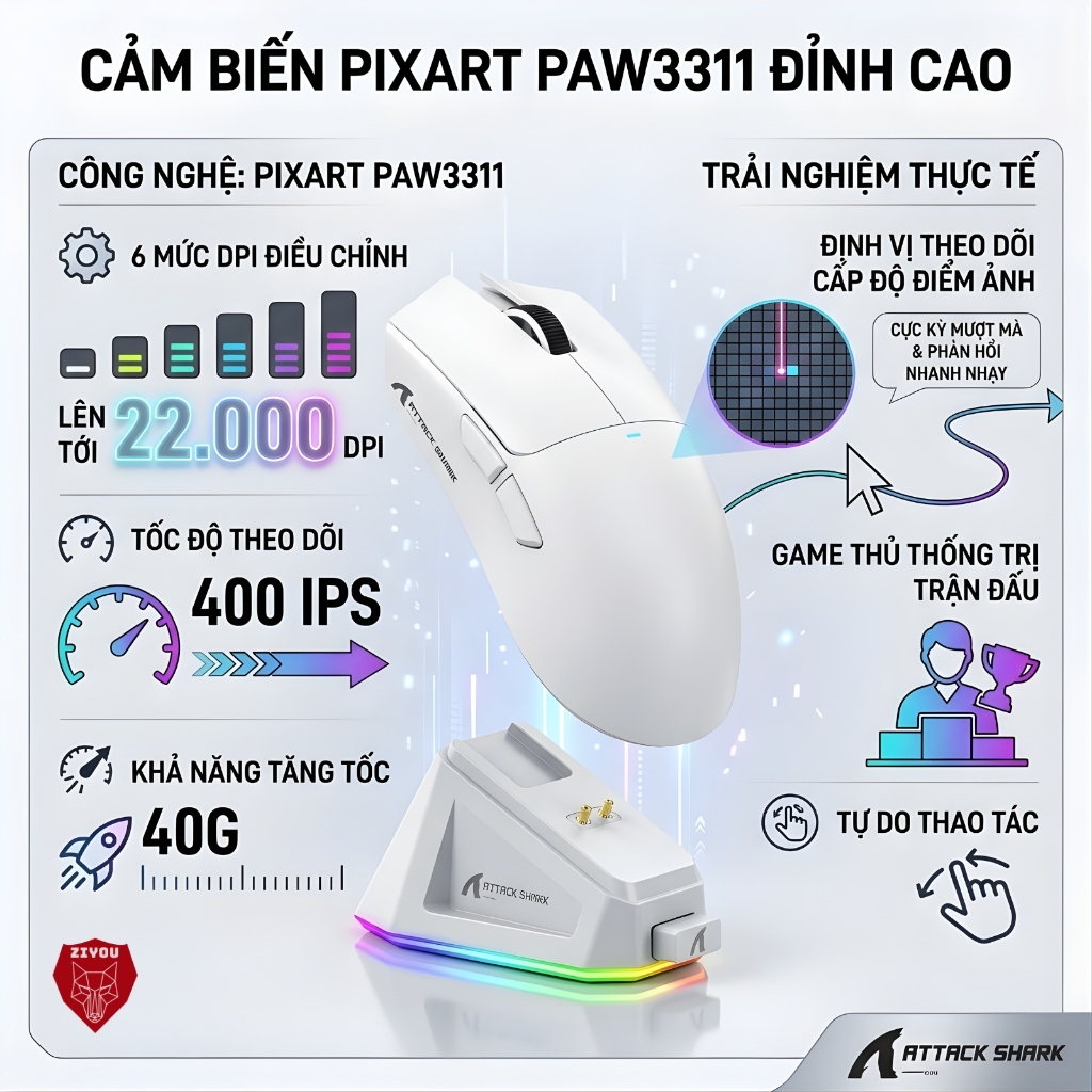 Chuột Không Dây Bluetooth Chuyên Gaming Ziyou Attack Shark X11 Chip Khủng PAW3311 Pollingrate 1Khz | BigBuy360 - bigbuy360.vn