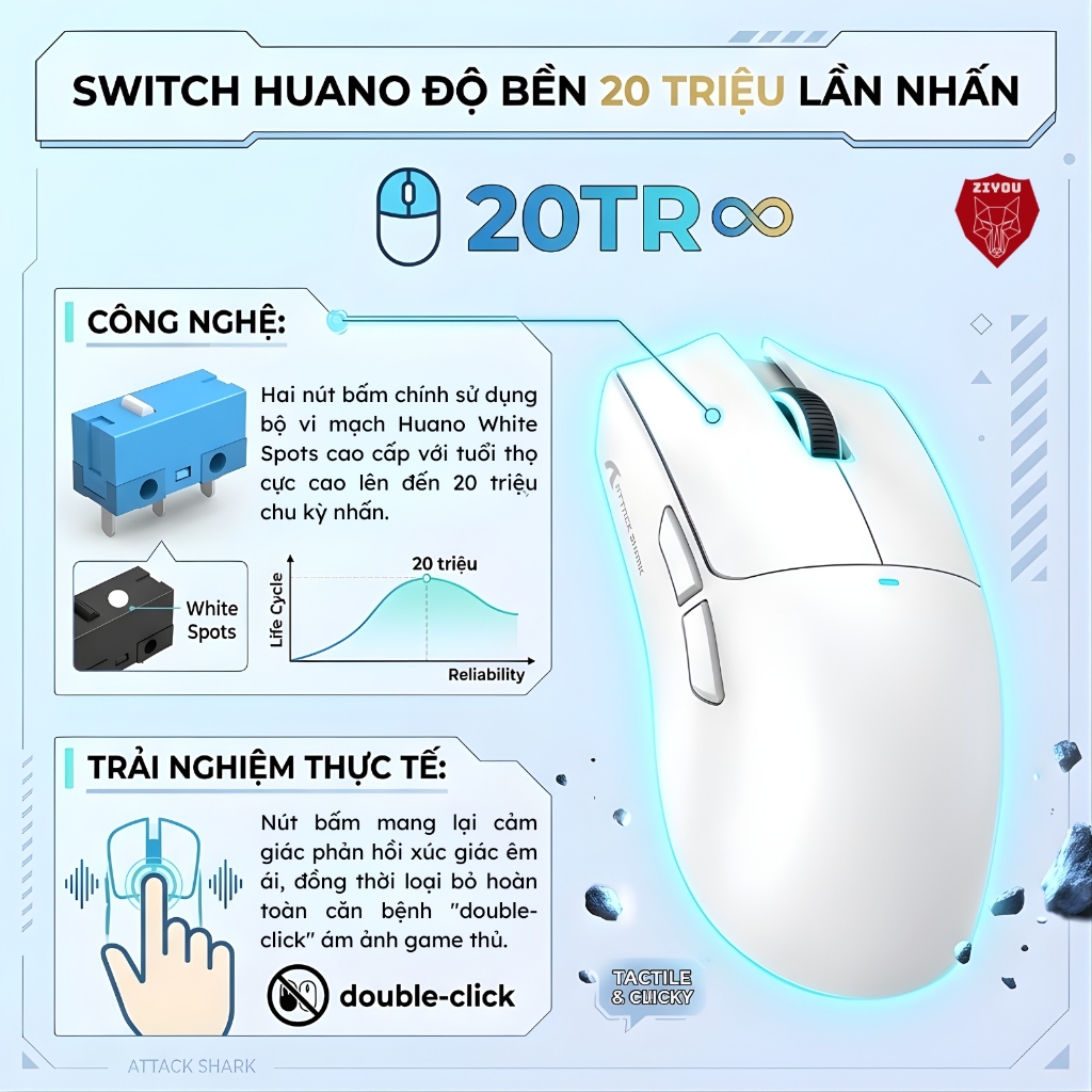 Chuột Không Dây Bluetooth Chuyên Gaming Ziyou Attack Shark X11 Chip Khủng PAW3311 Pollingrate 1Khz | BigBuy360 - bigbuy360.vn